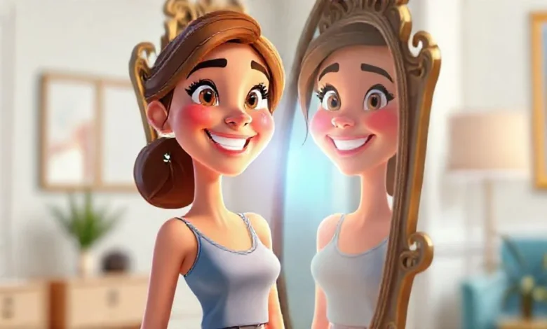 Özgüvenini yükseltme teknikleriyle aynaya güvenle bakan bir kişi. Ayna sırları.